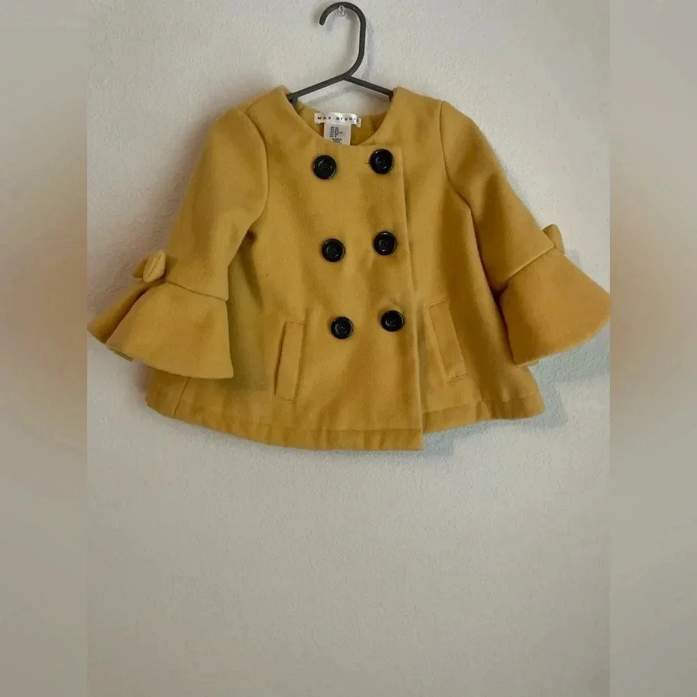 Max Studio toddler girls mustard yellow pea coat with bows on bell sleeves 3T